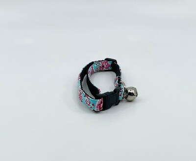Cat Collar With Optional Flower Or Bow Tie Pink Roses On Teal Breakaway Collar Adjustable Sizes S Kitten, M, L - image5